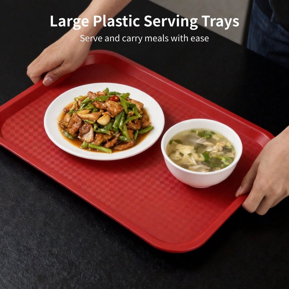 6PCS Large Plastic Serving Trays, 16.1" x 12.2" x 0.8" Rectangular Fast Food Serving Tray with Non-Slip Surface, Multicolor Trays for Lunch, Restaurant Café Craft Service Carts Use