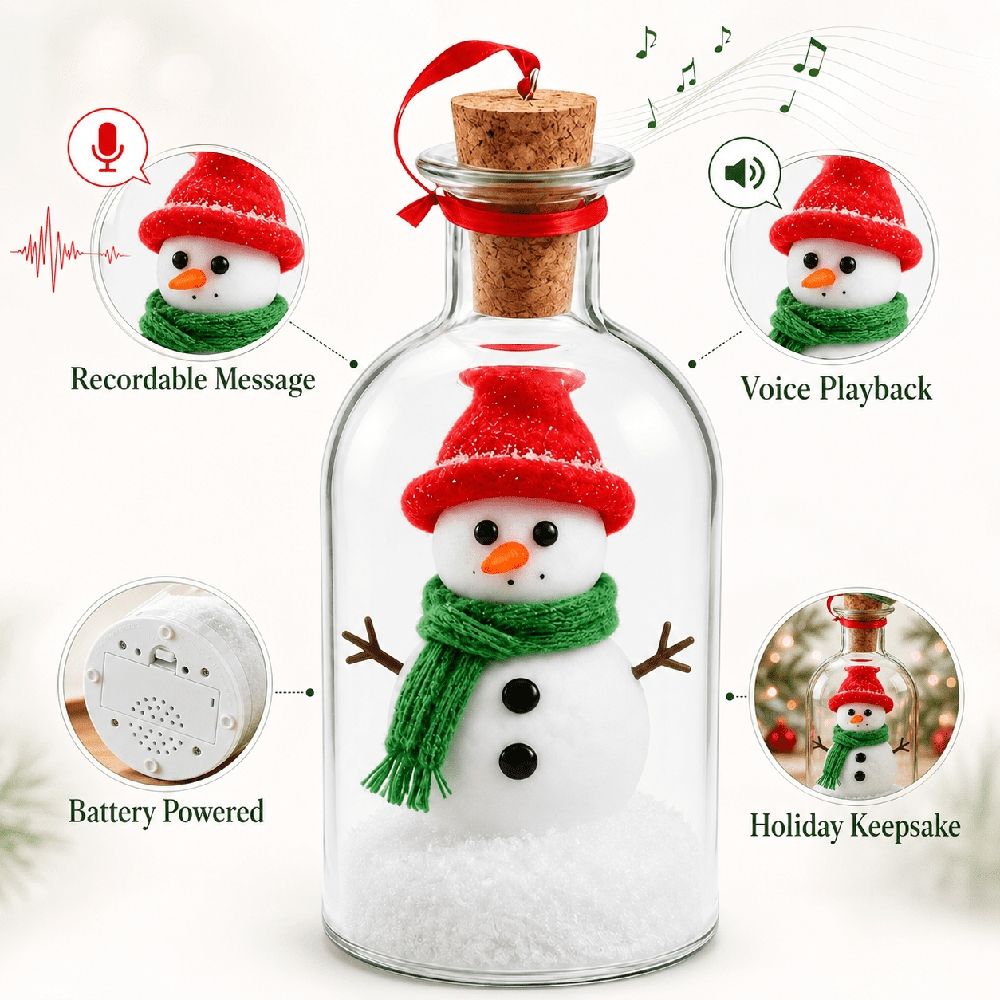 Recordable Christmas Message in a Bottle, Christmas Tree in a Bottle, Voice Playback Recordable Christmas Ornament, Battery Powered Glass Snowman Winter Scene Holiday Decor, Keepsake Gift for Family