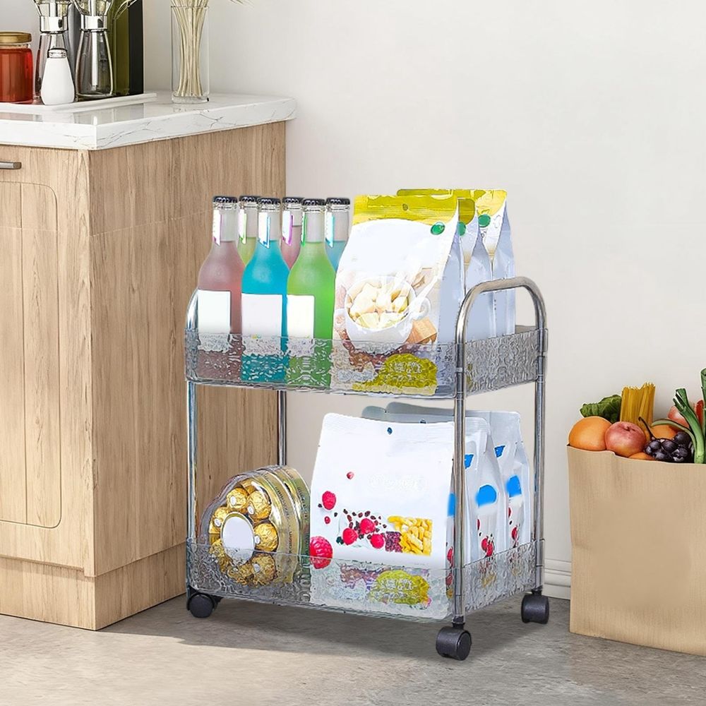 2-Tier Utility Rolling Cart Storage Organizer, Under Desk Mobile Trolley Organizer With Handle For Office Home Kitchen Organization