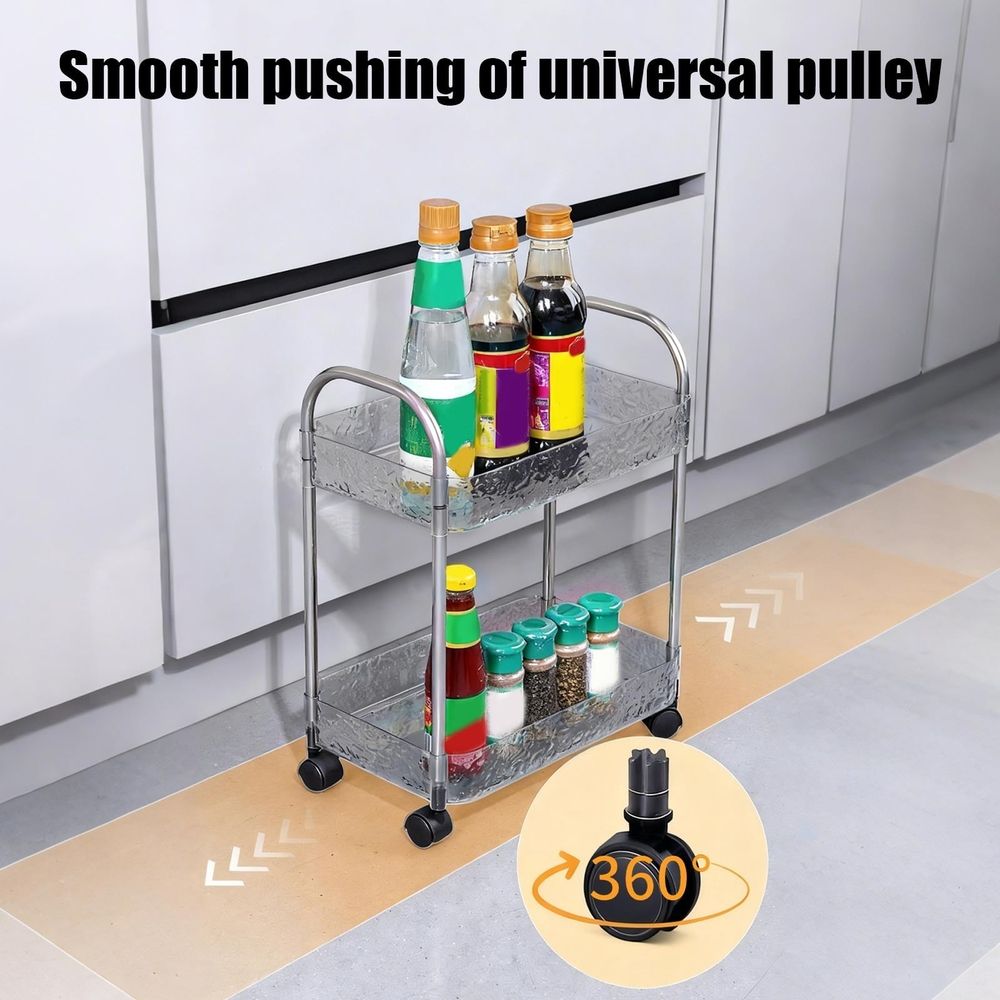 2-Tier Utility Rolling Cart Storage Organizer, Under Desk Mobile Trolley Organizer With Handle For Office Home Kitchen Organization