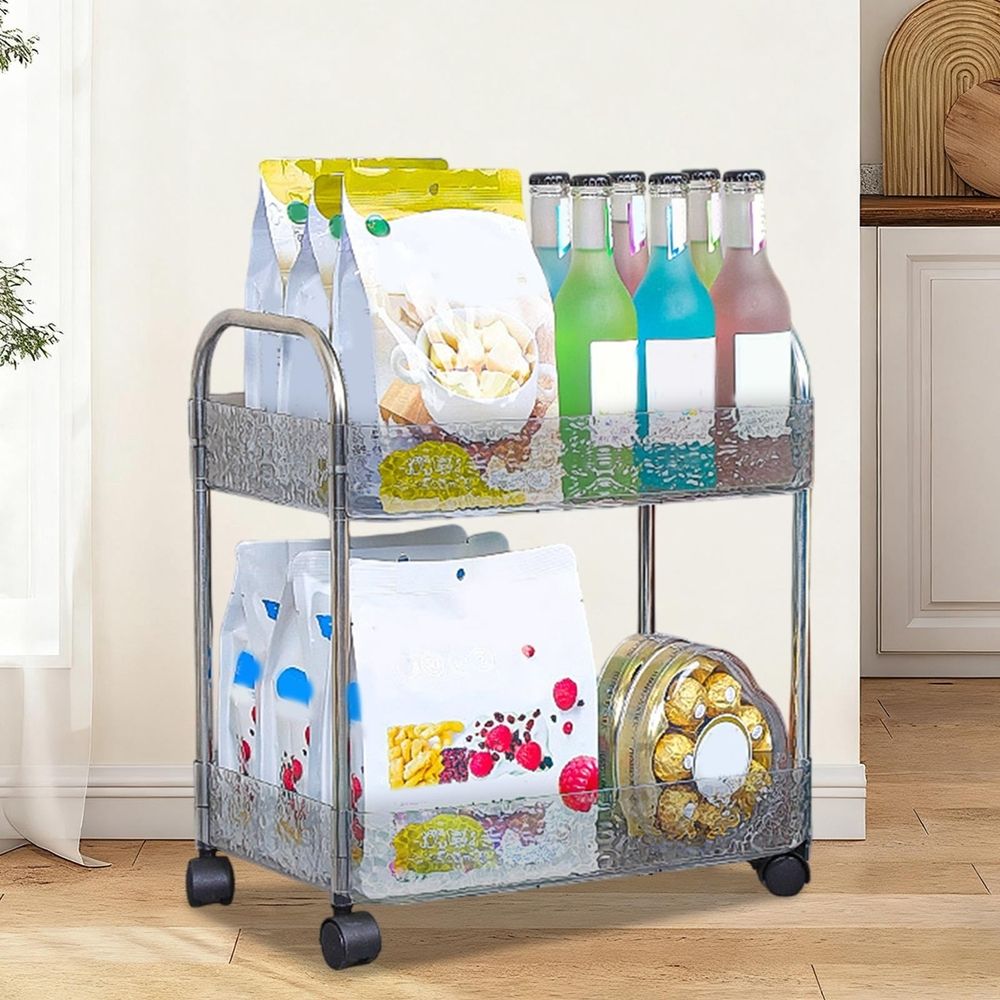 2-Tier Utility Rolling Cart Storage Organizer, Under Desk Mobile Trolley Organizer With Handle For Office Home Kitchen Organization