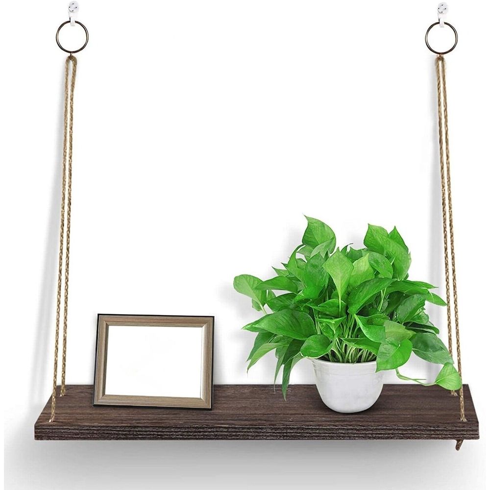 Wooden Hanging Rope Storage Rack Wall Mounted Floating Shelf Natural Solid Wood Adjustable Hemp Rope High Load Bearing For Living Room Bedroom Balcony Bathroom Entryway Home Wall Decor Storage