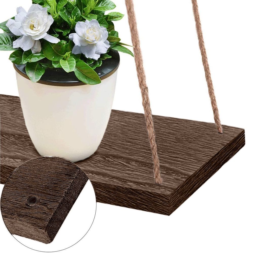Wooden Hanging Rope Storage Rack Wall Mounted Floating Shelf Natural Solid Wood Adjustable Hemp Rope High Load Bearing For Living Room Bedroom Balcony Bathroom Entryway Home Wall Decor Storage