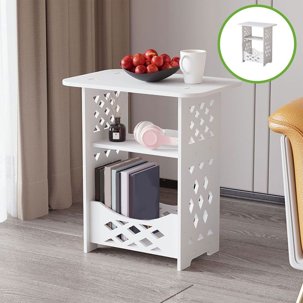 White PVC Side Table Bookcase, Corner BookShelf Storage, Minimalist Wooden Side Table for Bedroom Sofa Living Room(Double Levels, B)