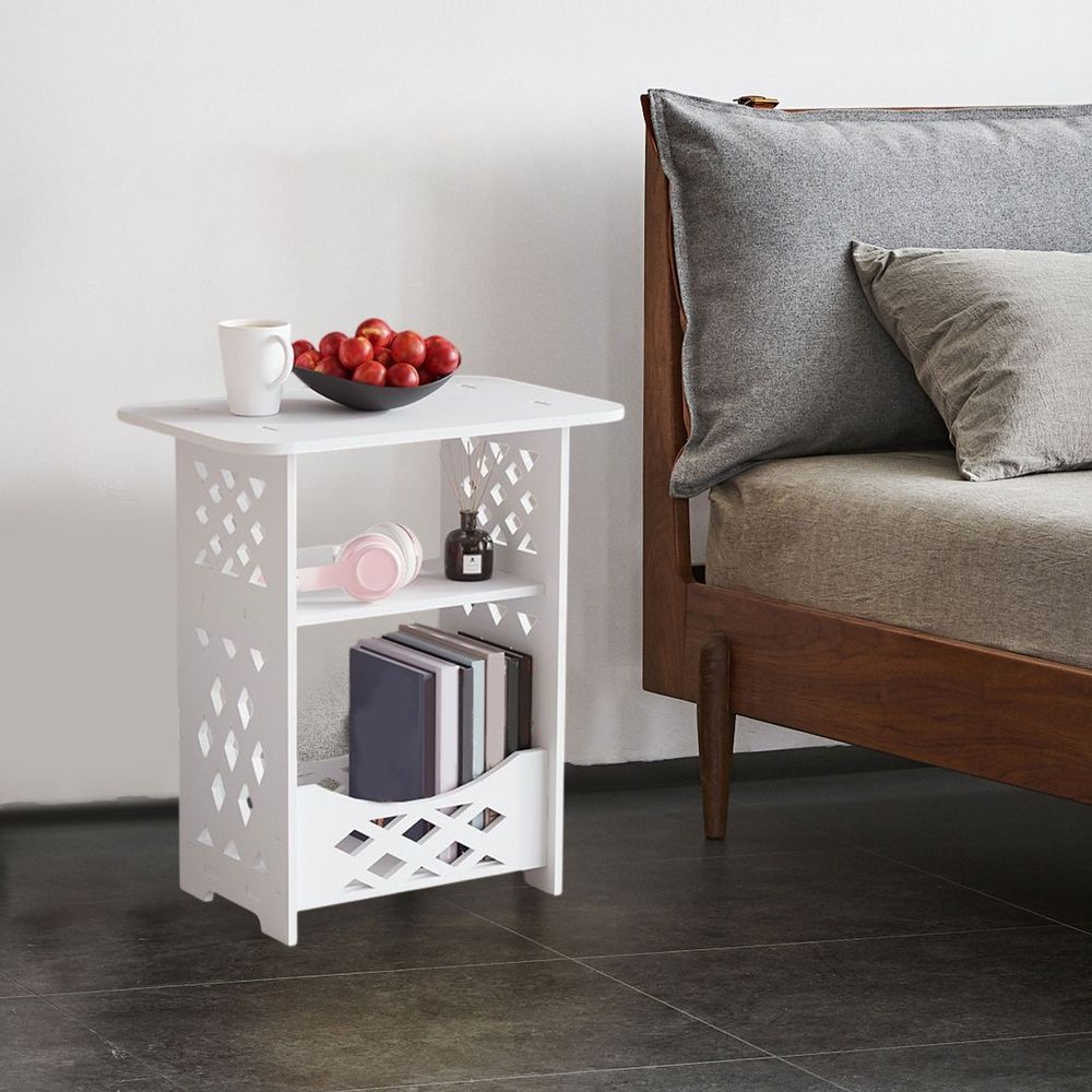 White PVC Side Table Bookcase, Corner BookShelf Storage, Minimalist Wooden Side Table for Bedroom Sofa Living Room(Double Levels, B)