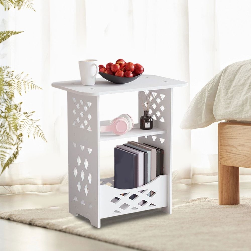 White PVC Side Table Bookcase, Corner BookShelf Storage, Minimalist Wooden Side Table for Bedroom Sofa Living Room(Double Levels, B)