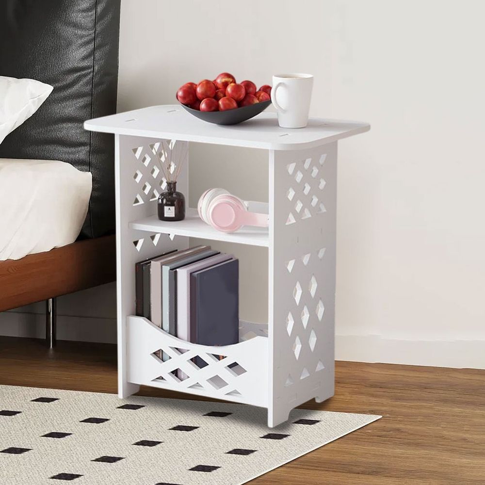 White PVC Side Table Bookcase, Corner BookShelf Storage, Minimalist Wooden Side Table for Bedroom Sofa Living Room(Double Levels, B)