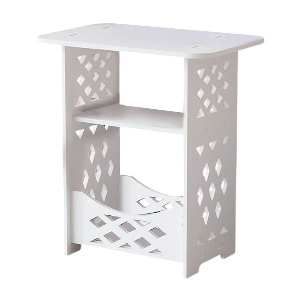White PVC Side Table Bookcase, Corner BookShelf Storage, Minimalist Wooden Side Table for Bedroom Sofa Living Room(Double Levels, B)