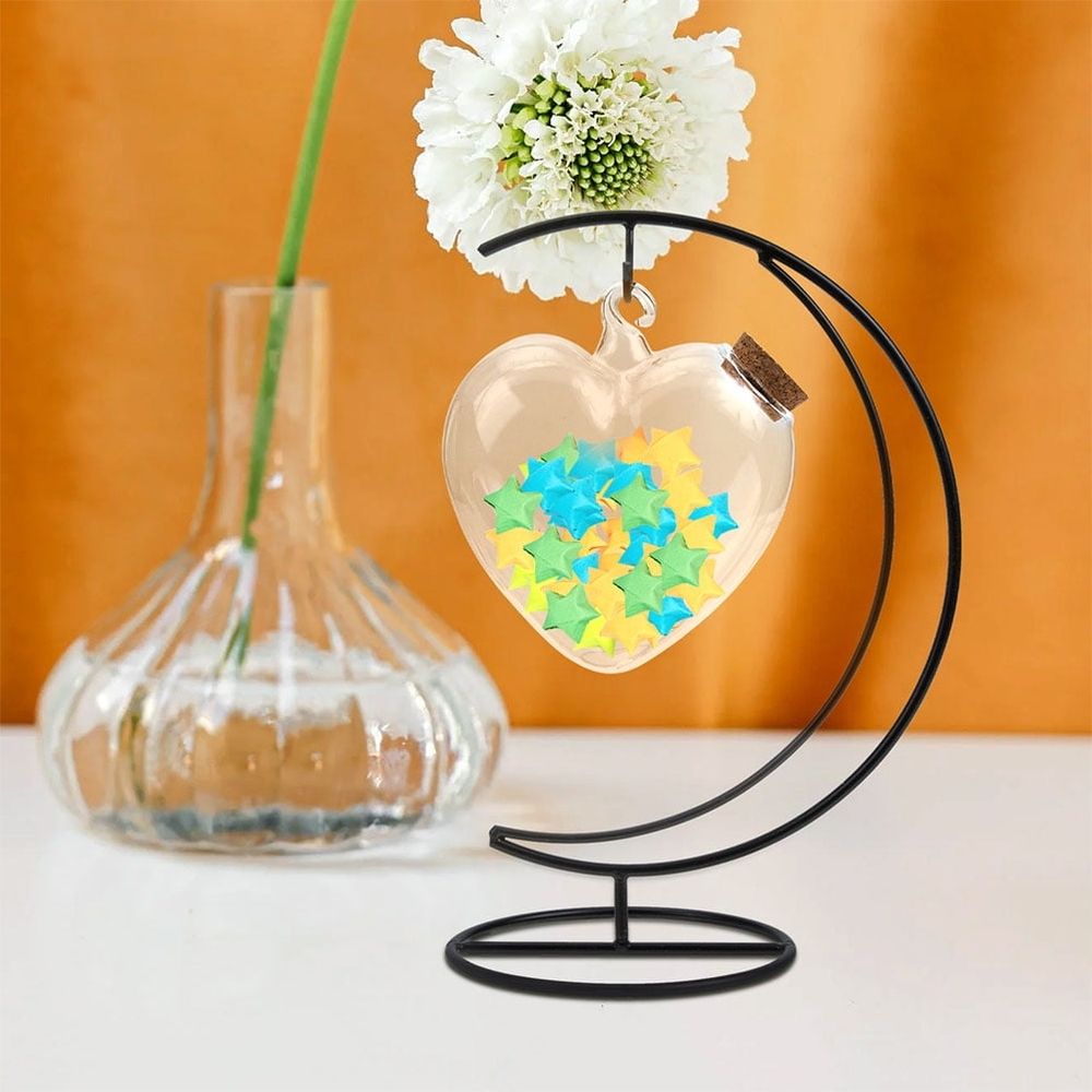 1 Set of Glass Heart Shape Bottle for Home Decoration with Iron Rack for Friends and Family 10.2*7.1*4.7in