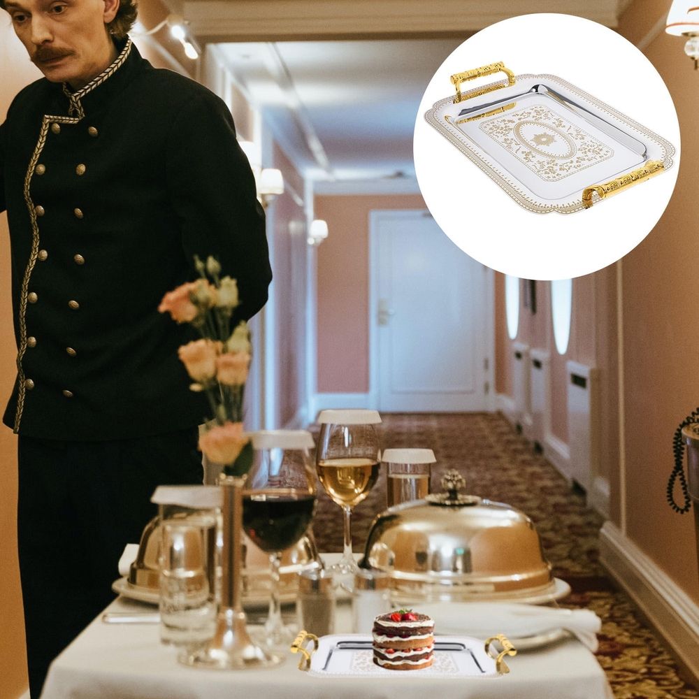 Hotel Kitchen Serving Tray, Golden Double Handle Design, and Practical