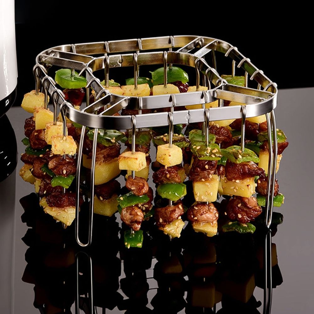 Stainless Steel Air Fryer Skewer Rack with 28 Skewers - Upgrade BBQ Kabob Rack for Even Cooking - Foldable Roasting Rack for Oven and Grill - Dishwasher Safe Food Grade  kebab Skewer Stand