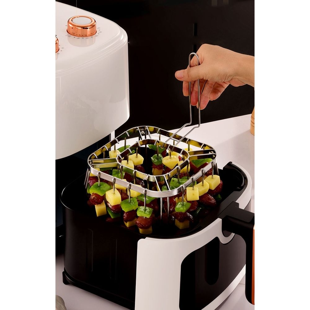 Stainless Steel Air Fryer Skewer Rack with 28 Skewers - Upgrade BBQ Kabob Rack for Even Cooking - Foldable Roasting Rack for Oven and Grill - Dishwasher Safe Food Grade  kebab Skewer Stand