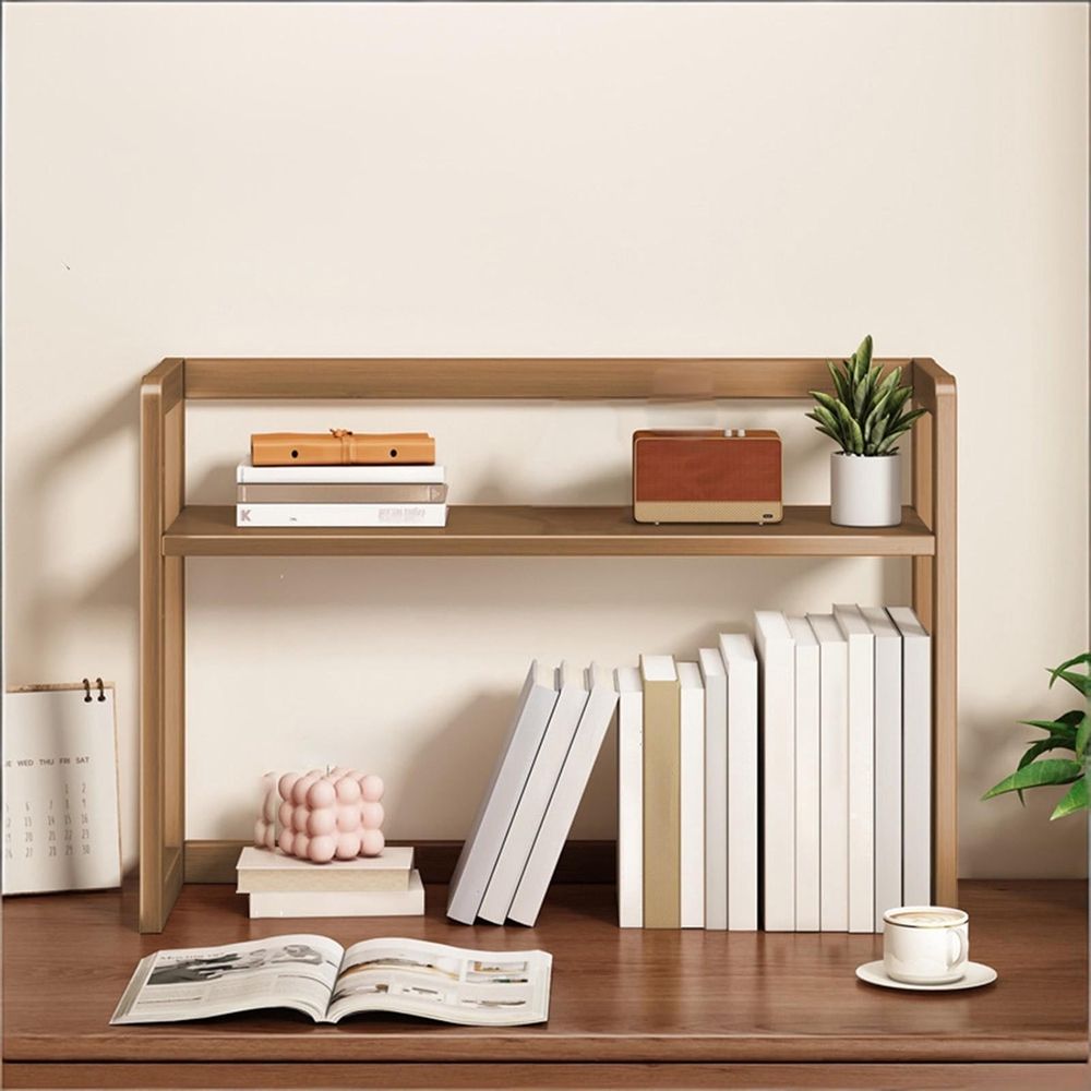 Adjustable Desktop Shelf Double Layer - Household Storage Desk Bookshelf - Counterto Display Shelf - Height Adjustable Rack with Sturdy Double Bar Support - 16.54x7.87x15.75 Inch Wood Shelf