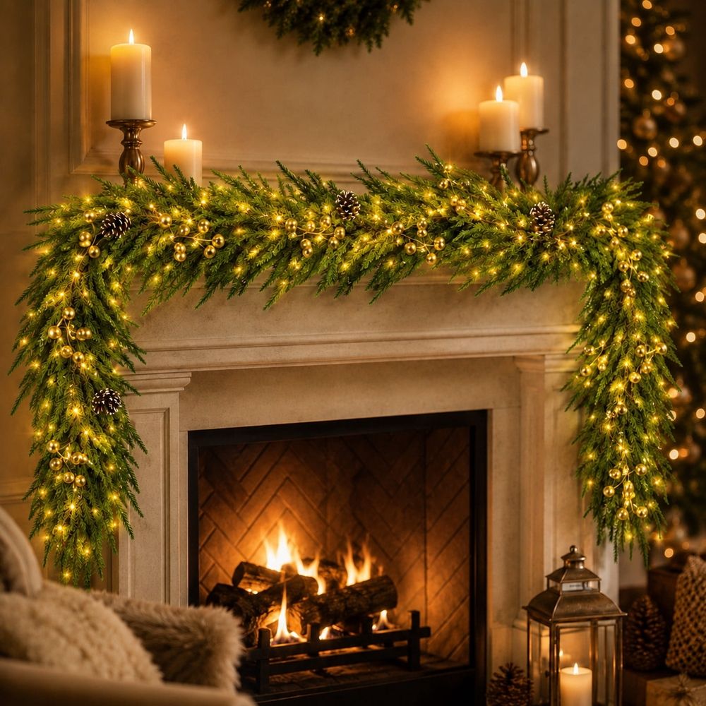 Christmas Garland with Warm Lights Gold Berries Pinecones 1.8M 70.9 Inch | Pre-Lit Holiday Garland for Fireplace Mantel Stairs Railing Shelf Doorway Decor