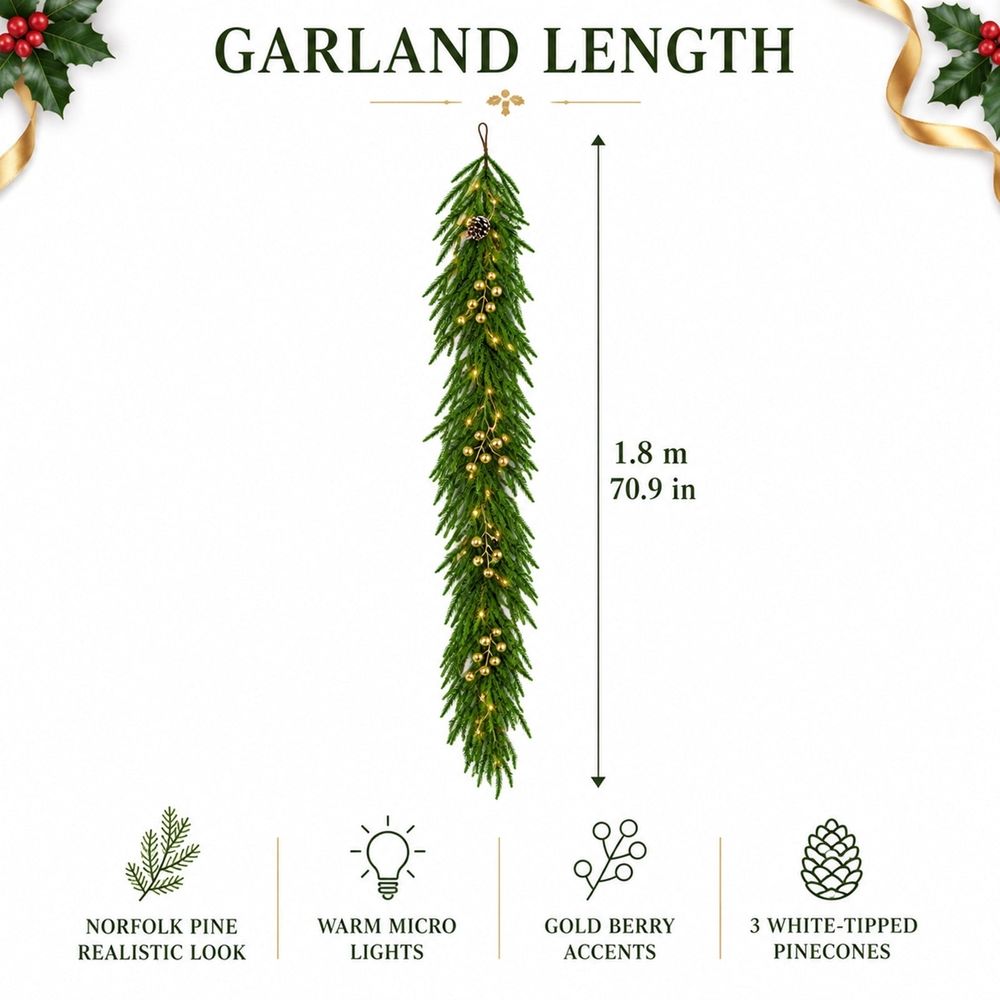 Christmas Garland with Warm Lights Gold Berries Pinecones 1.8M 70.9 Inch | Pre-Lit Holiday Garland for Fireplace Mantel Stairs Railing Shelf Doorway Decor