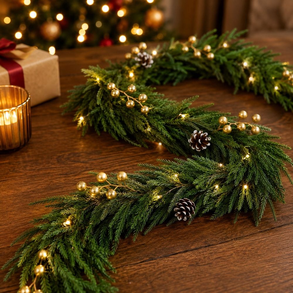 Christmas Garland with Warm Lights Gold Berries Pinecones 1.8M 70.9 Inch | Pre-Lit Holiday Garland for Fireplace Mantel Stairs Railing Shelf Doorway Decor
