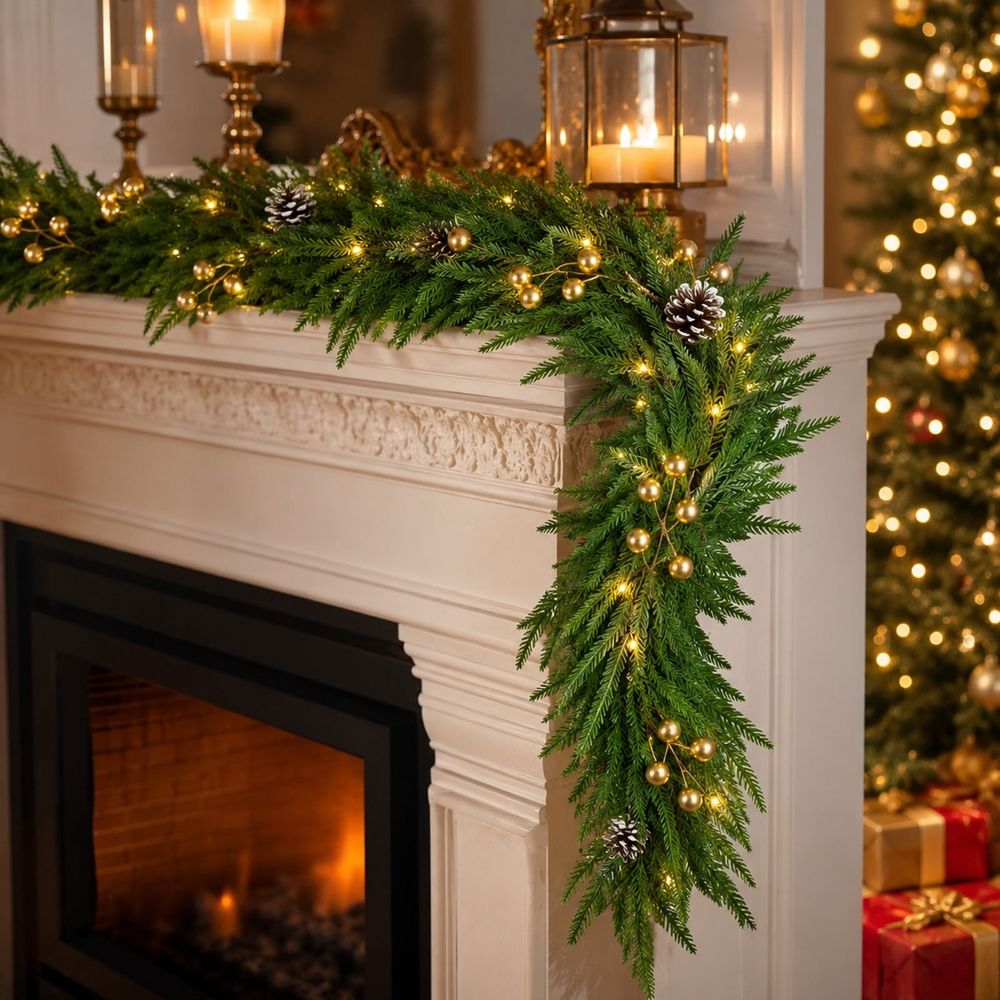 Christmas Garland with Warm Lights Gold Berries Pinecones 1.8M 70.9 Inch | Pre-Lit Holiday Garland for Fireplace Mantel Stairs Railing Shelf Doorway Decor