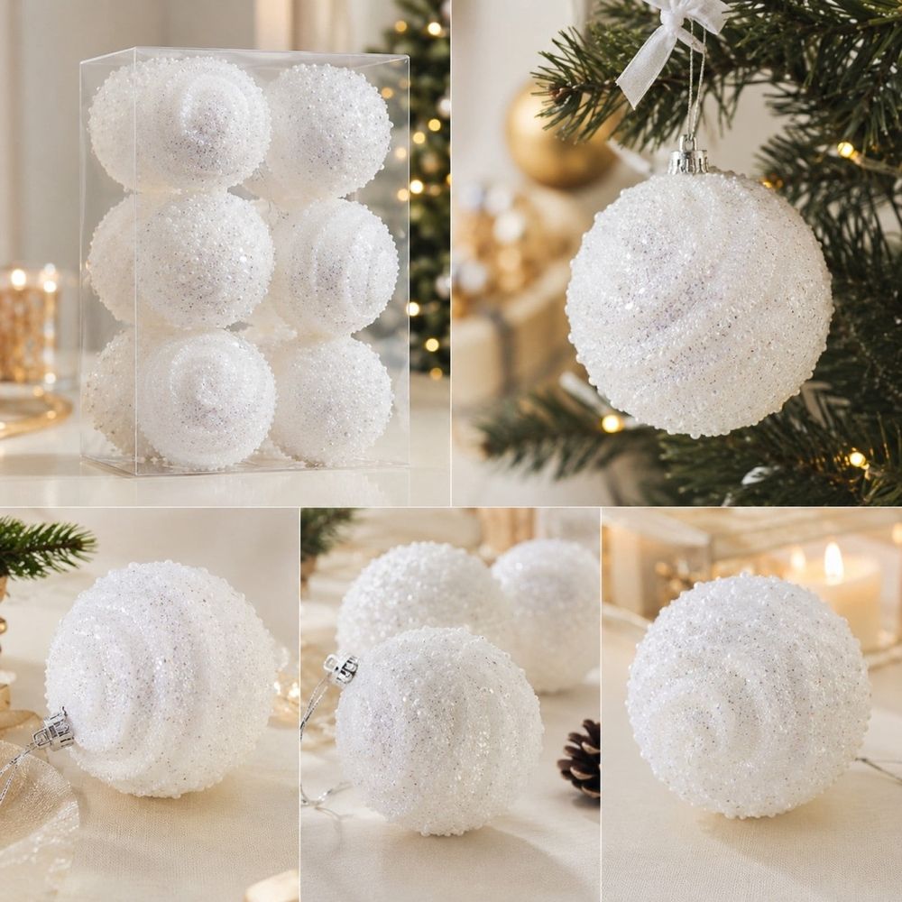 Christmas Ball Ornaments S of 12 | Pearl Beaded Glitter Shatterproof Christmas Tree Hanging Ornaments | Holiday Party Decorations for Home Mantel Wedding | Foam Baubles with Hooks for Storage Gift