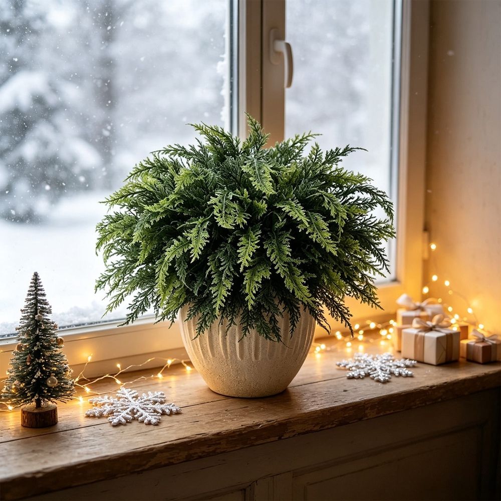 Artificial Cedar Bush Faux Green Fern Stems For Vase Indoor Decor | 12 Pack Plastic Greenery Branches for Home Living Room Table Entryway Window Display | Floral Arrangement for Shelf Centerpiece