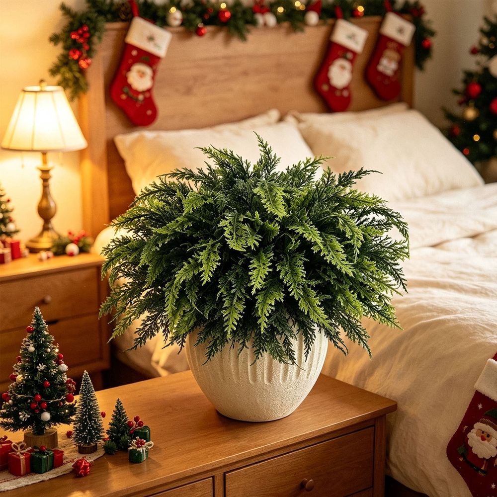 Artificial Cedar Bush Faux Green Fern Stems For Vase Indoor Decor | 12 Pack Plastic Greenery Branches for Home Living Room Table Entryway Window Display | Floral Arrangement for Shelf Centerpiece