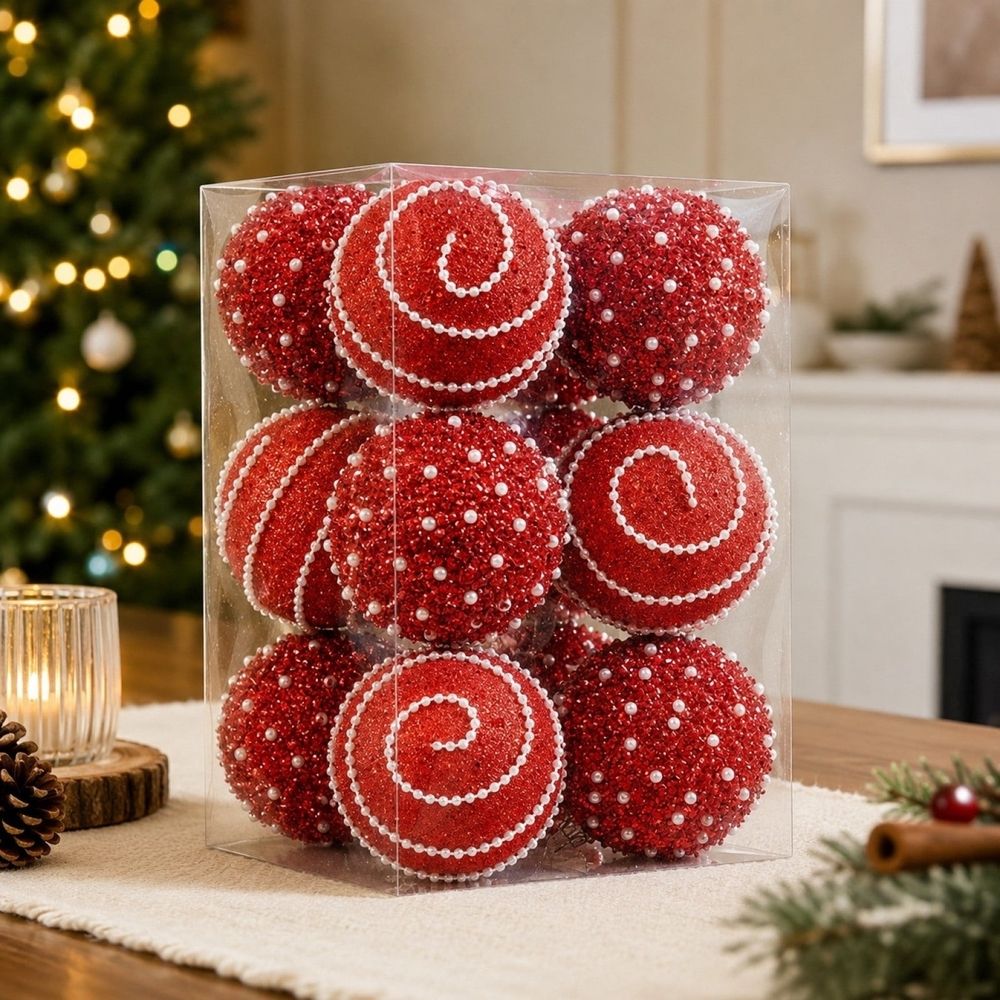 Christmas Ball Ornaments S 12 Pcs Pearl Beaded Glitter Shatterproof Xmas Hanging Baubles for Christmas Tree Holiday Party mantel Wedding Decoration with Hooks Storage Gift Box