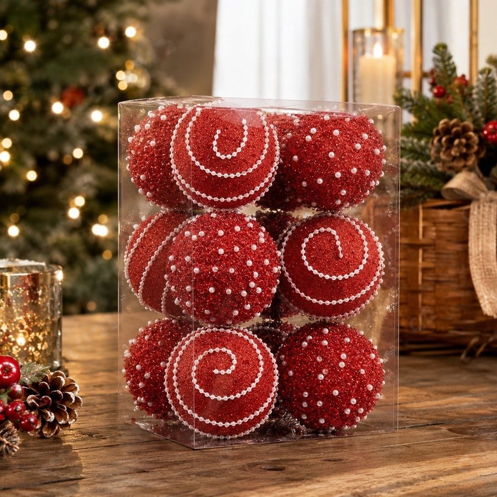 Christmas Ball Ornaments S 12 Pcs Pearl Beaded Glitter Shatterproof Xmas Hanging Baubles for Christmas Tree Holiday Party mantel Wedding Decoration with Hooks Storage Gift Box