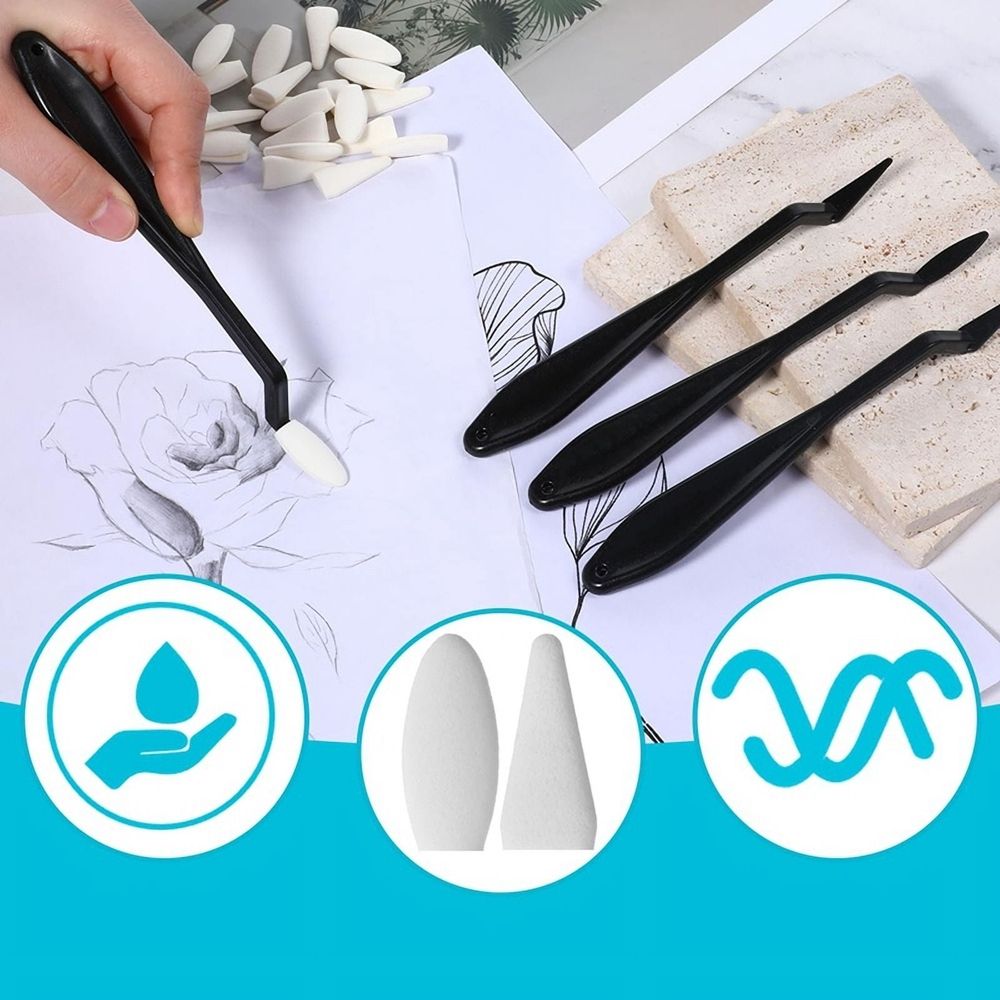 Blending Stumps for Drawing, with 40 Pcs Replacement Sponge Wipes Art Blending Tools for Highlighting, Shadowing