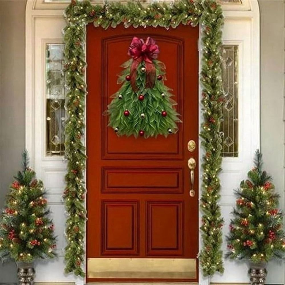 Handmade Christmas Tree Wreath for Front Door, Front Door Wreath Door Hanging Christmas Wreath Holiday Decoration