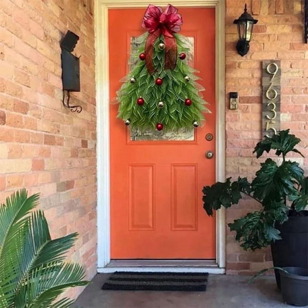 Handmade Christmas Tree Wreath for Front Door, Front Door Wreath Door Hanging Christmas Wreath Holiday Decoration