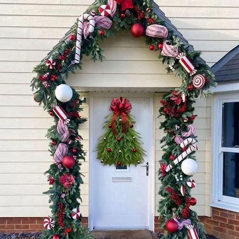 Handmade Christmas Tree Wreath for Front Door, Front Door Wreath Door Hanging Christmas Wreath Holiday Decoration