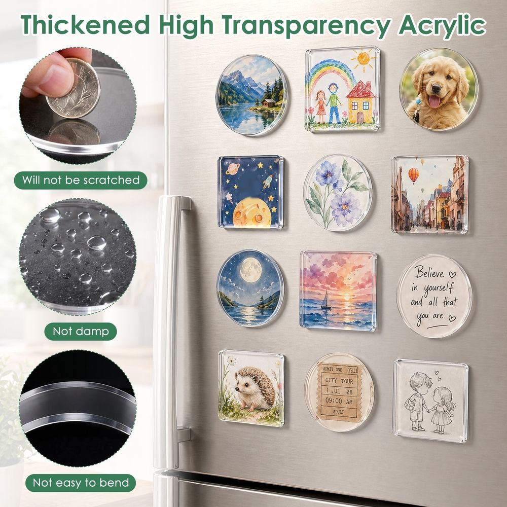 25Pcs DIY Fridge Magnet Kit, Adhesive Backing Design, Thickened and High Transparency, for Photo Craft Office Classroom Kitchen 2 Inches