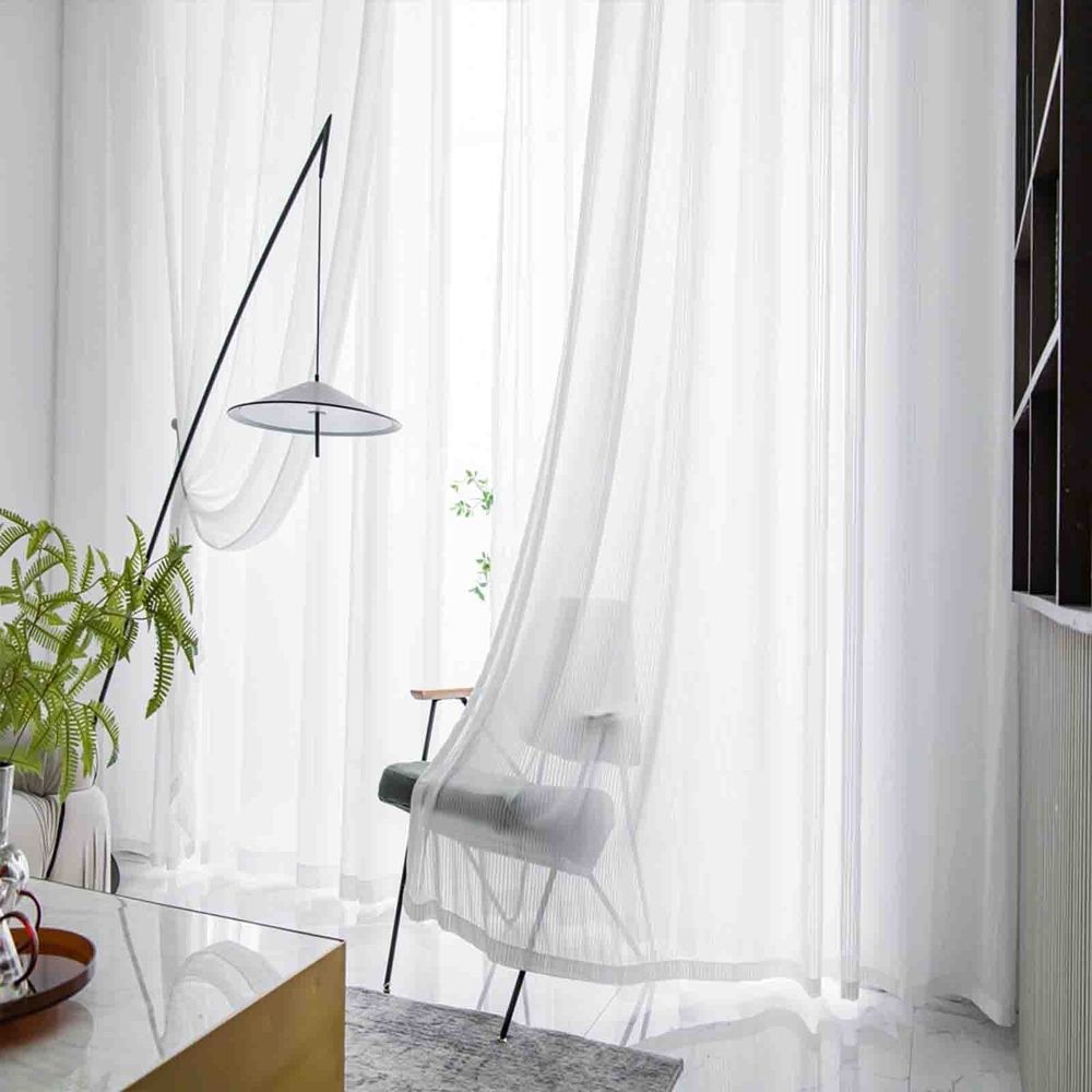 White Sheer Curtains, Striped Window Panels, 39.37x78.74in 2 Pack, 80% Polyester 20% Spandex, Semi Sheer Fabric, Light Filtering Privacy, Living Room Bedroom Balcony