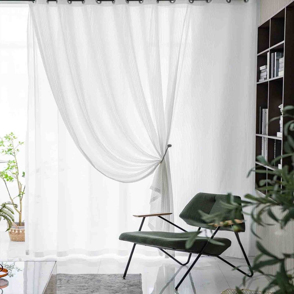 White Sheer Curtains, Striped Window Panels, 39.37x78.74in 2 Pack, 80% Polyester 20% Spandex, Semi Sheer Fabric, Light Filtering Privacy, Living Room Bedroom Balcony