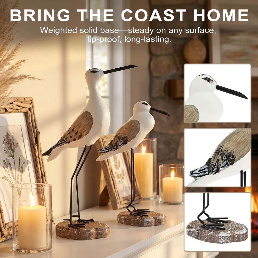 2Pcs Wooden Seagull Figurine, Wide and Weighted Base, Suitable for Desk Decor, Coastal Bird Table Adornment, for Home Office