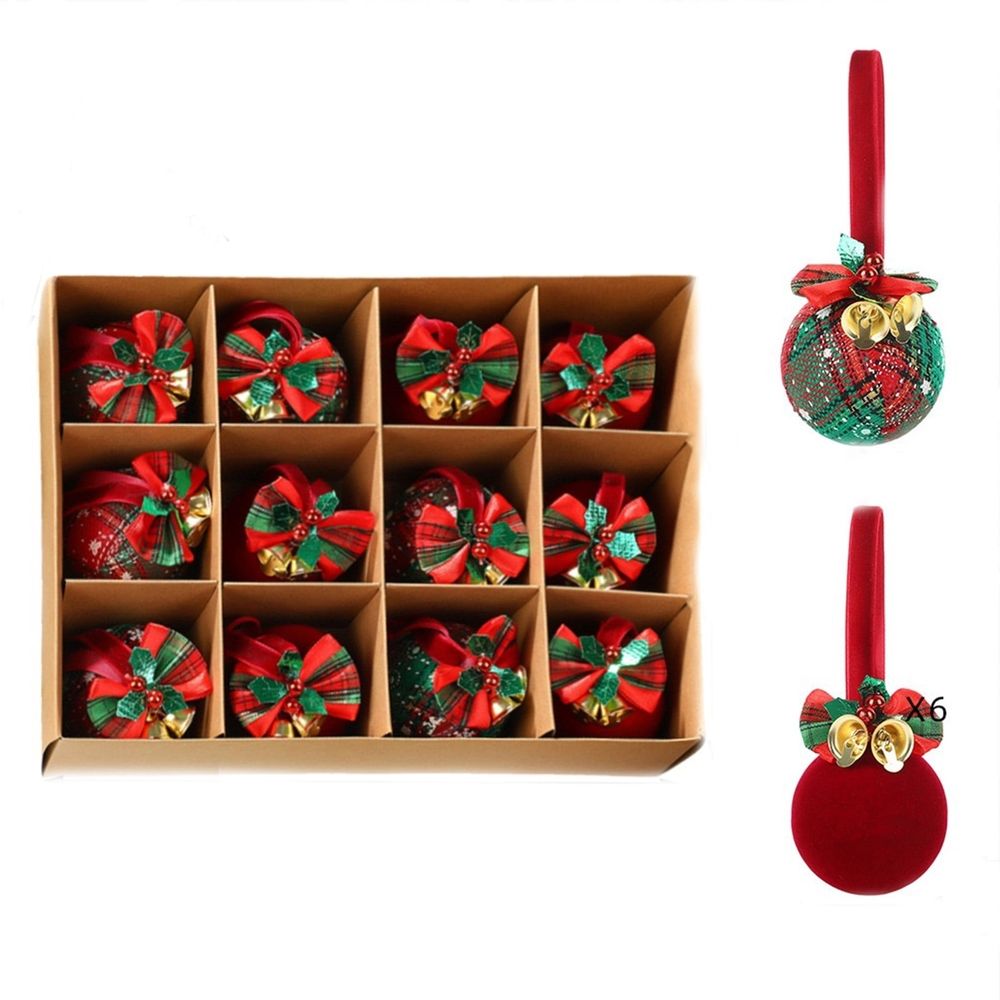 12 Pieces Christmas Baubles Ornaments Set, Red Green Velvet Holly Berry Bells, Hanging Decor for Christmas Tree Window Mantel, Includes Storage Box