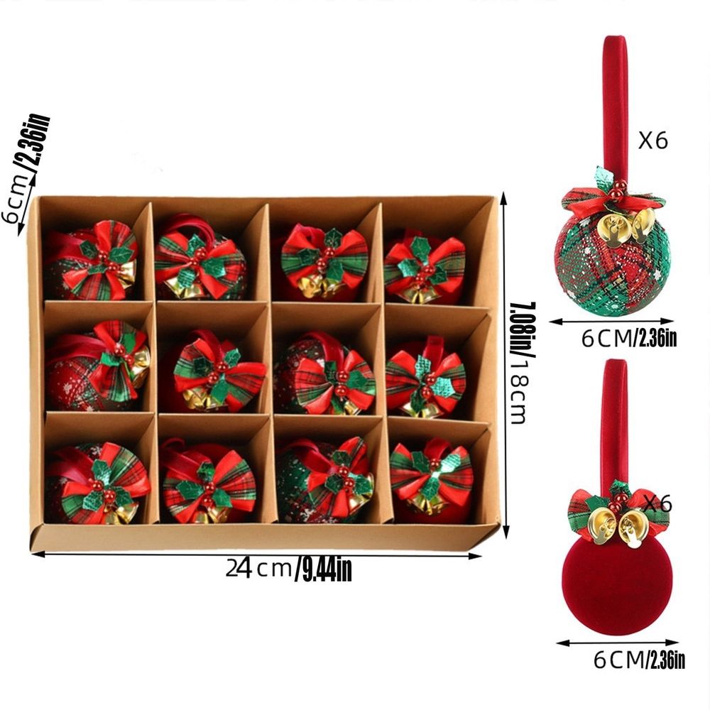 12 Pieces Christmas Baubles Ornaments Set, Red Green Velvet Holly Berry Bells, Hanging Decor for Christmas Tree Window Mantel, Includes Storage Box
