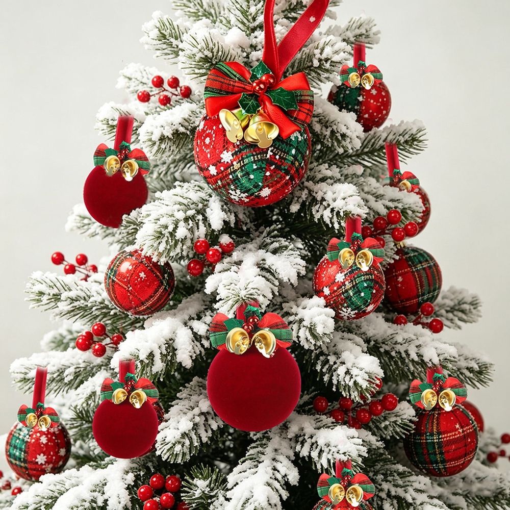 12 Pieces Christmas Baubles Ornaments Set, Red Green Velvet Holly Berry Bells, Hanging Decor for Christmas Tree Window Mantel, Includes Storage Box