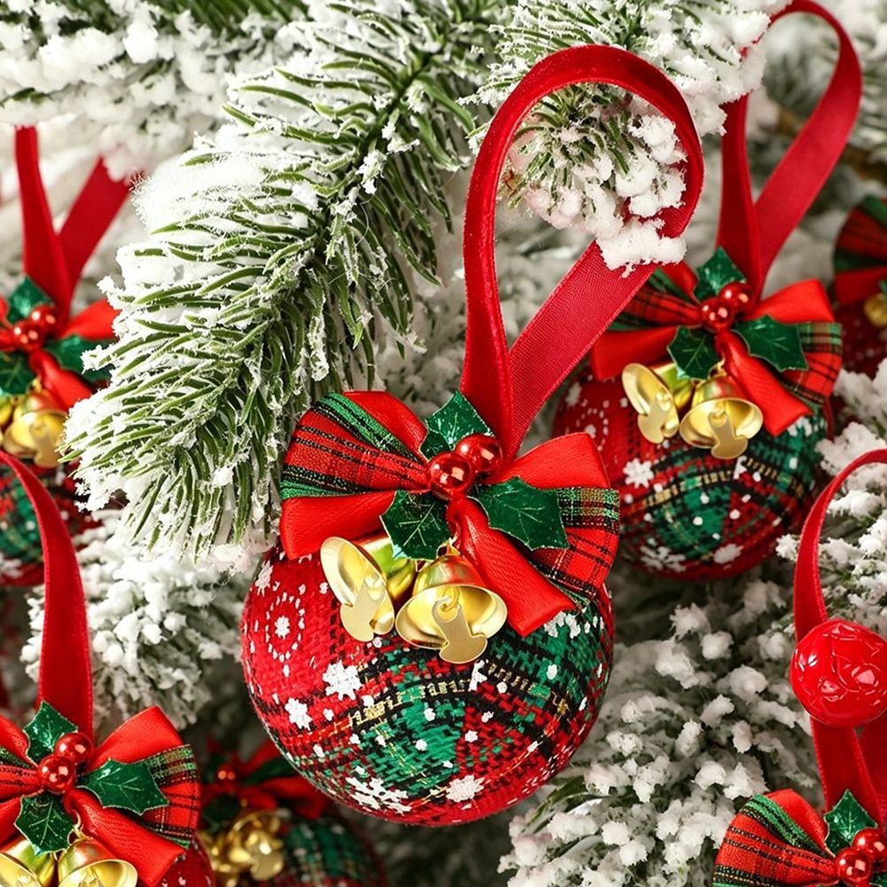 12 Pieces Christmas Baubles Ornaments Set, Red Green Velvet Holly Berry Bells, Hanging Decor for Christmas Tree Window Mantel, Includes Storage Box