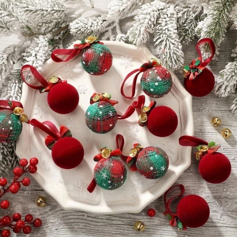 12 Pieces Christmas Baubles Ornaments Set, Red Green Velvet Holly Berry Bells, Hanging Decor for Christmas Tree Window Mantel, Includes Storage Box