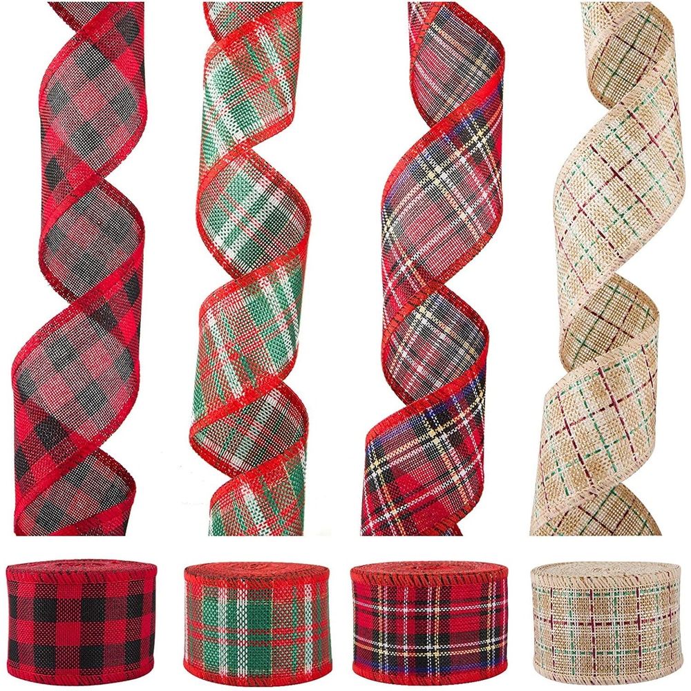 4 Rolls Christmas Burlap Wired Ribbon for Craft, 24 Yards Red Buffalo Plaid Burlap Ribbon for Gift Wrapping Xmas Wreath Decor Rustic DIY Crafts Decoration, 1.97 inch x 6 Yards