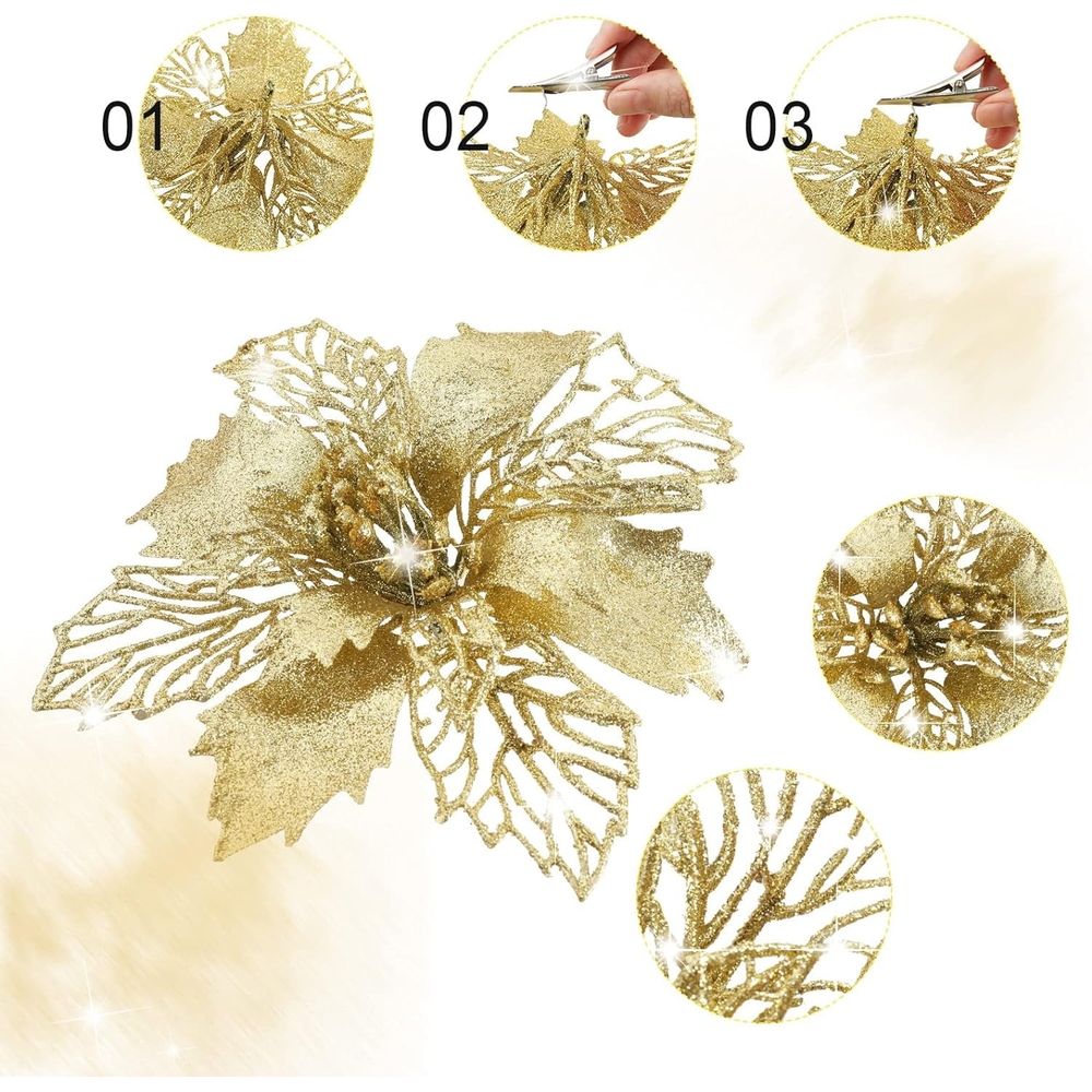 24PCS Christmas Poinsettia with Clips Glitter Artificial Flower Winter Party Supplies for Xmas Tree Ornament Wedding Birthday Wreath Decoration