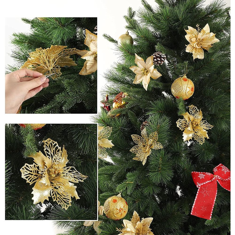 24PCS Christmas Poinsettia with Clips Glitter Artificial Flower Winter Party Supplies for Xmas Tree Ornament Wedding Birthday Wreath Decoration