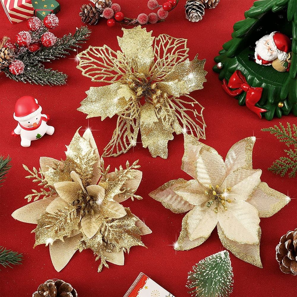 24PCS Christmas Poinsettia with Clips Glitter Artificial Flower Winter Party Supplies for Xmas Tree Ornament Wedding Birthday Wreath Decoration
