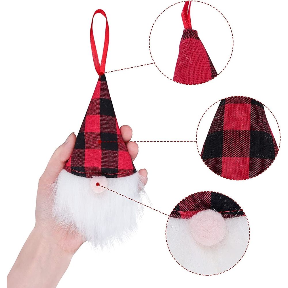 Christmas Gnomes Tree Ornaments Set, 12 Pack Handmade Plush Tomte Hanging Christmas Decorations, Swedish Scandinavian Santa with Buffalo Check Plaid Hat for Home Decor