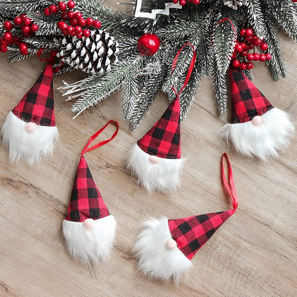 Christmas Gnomes Tree Ornaments Set, 12 Pack Handmade Plush Tomte Hanging Christmas Decorations, Swedish Scandinavian Santa with Buffalo Check Plaid Hat for Home Decor