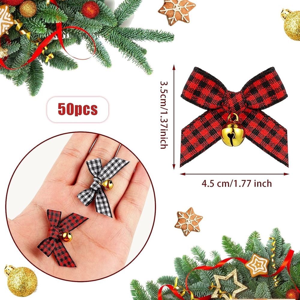 50PCS Christmas Bow with Bell Mini Plaid Bows Buffalo Plaid Bow Gingham Bow Xmas Bells for Christmas Tree Crafts Home Decoration DIY Making Ornament