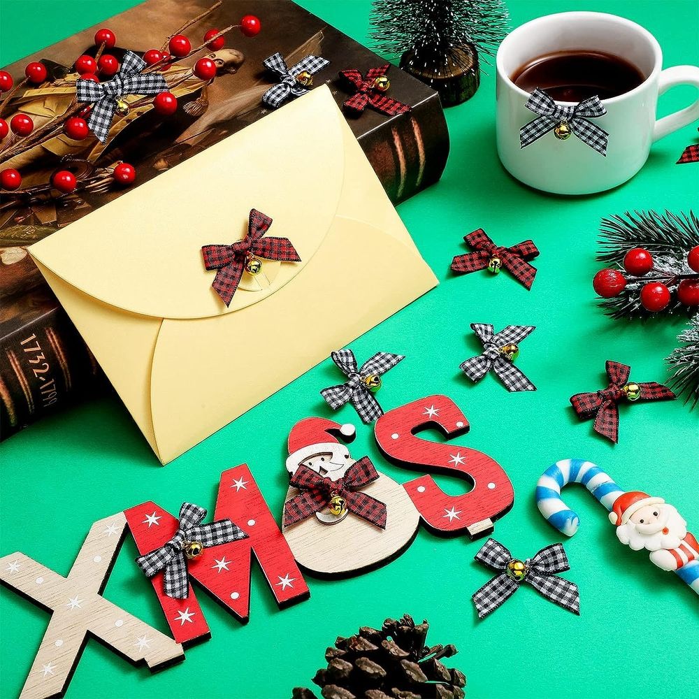 50PCS Christmas Bow with Bell Mini Plaid Bows Buffalo Plaid Bow Gingham Bow Xmas Bells for Christmas Tree Crafts Home Decoration DIY Making Ornament