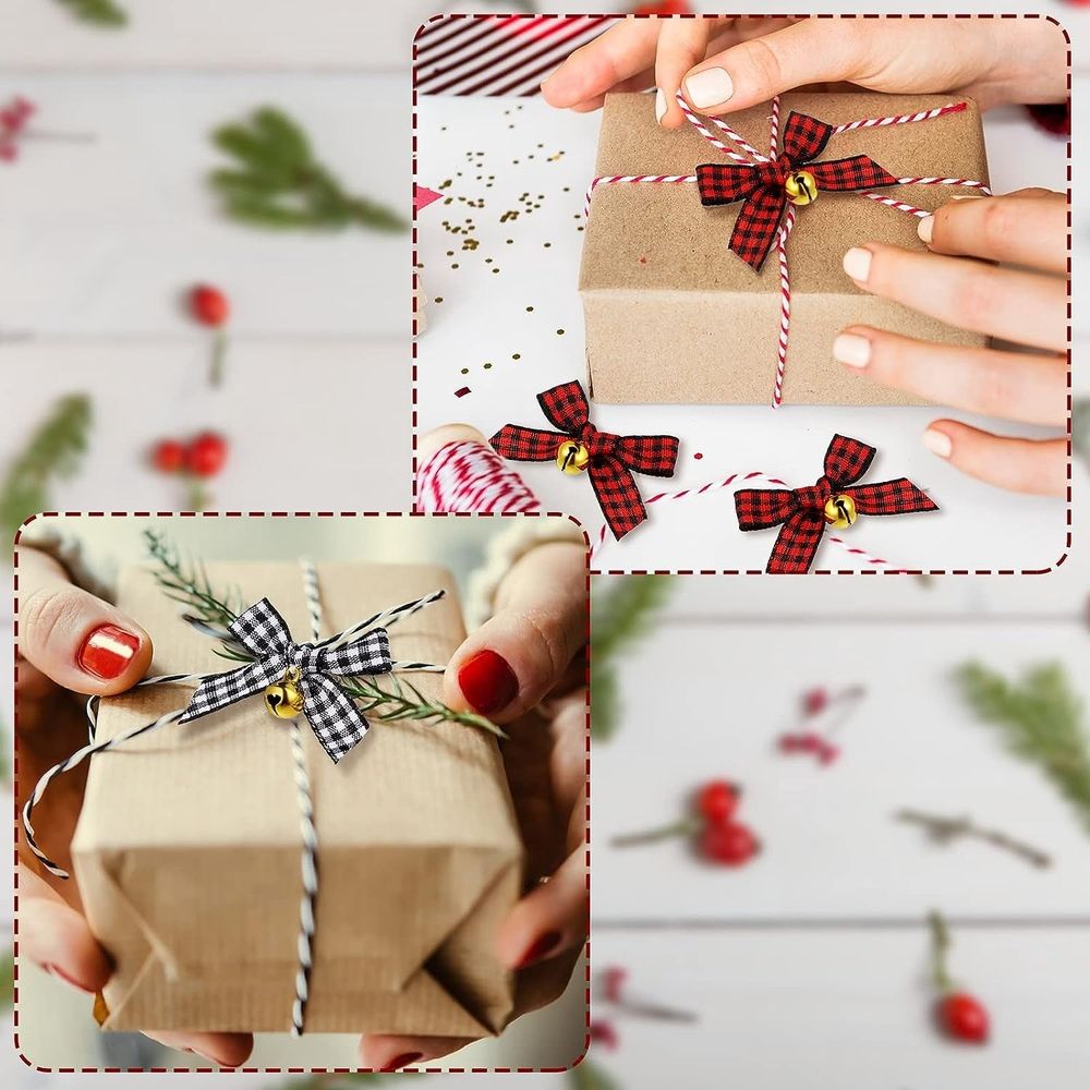 50PCS Christmas Bow with Bell Mini Plaid Bows Buffalo Plaid Bow Gingham Bow Xmas Bells for Christmas Tree Crafts Home Decoration DIY Making Ornament