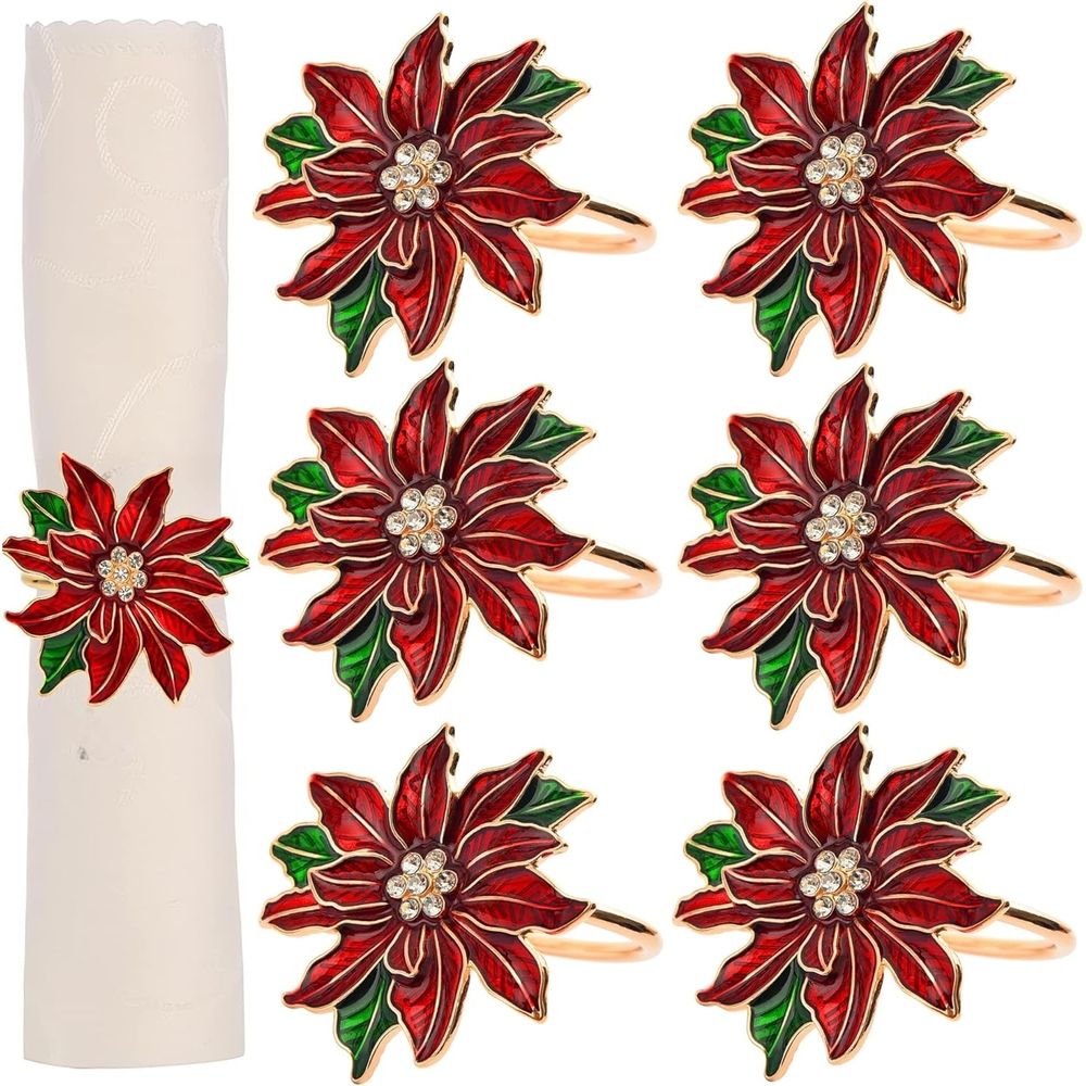 Christmas Napkin Rings Set of 6 Poinsettia Napkin Rings Gold Christmas Napkin Holder for Cloth Napkins Thanksgiving Christmas