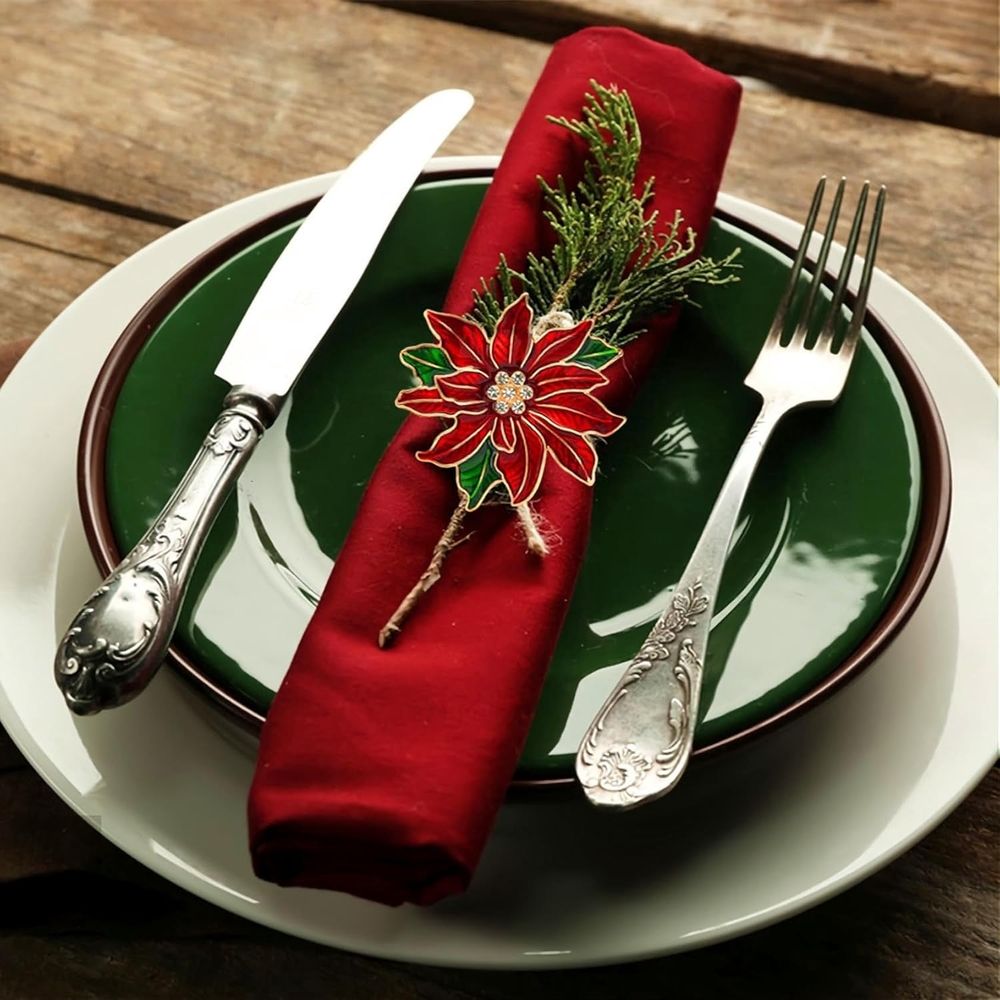 Christmas Napkin Rings Set of 6 Poinsettia Napkin Rings Gold Christmas Napkin Holder for Cloth Napkins Thanksgiving Christmas